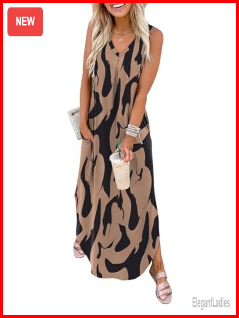 Women Loose V Neck Sleeveless Maxi Dress Side Slit Pockets Sundress